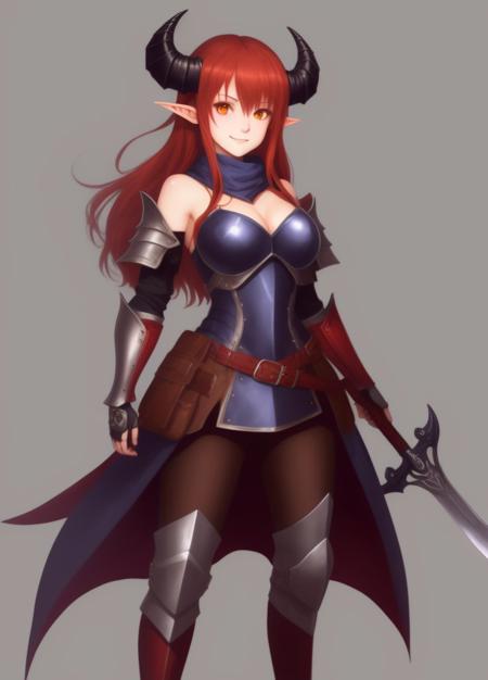 <lora:Alize:1.0>, Alize, 1girl, armor, armored boots, bare shoulders, belt, bike shorts, black background, blush stickers, bodysuit, boots, breastplate, breasts, closed mouth, demon girl, demon horns, elbow gloves, full body, gauntlets, gloves, greaves, hair between eyes, hand up, horns, knee boots, long hair, looking at viewer, medium breasts, orange eyes, pointy ears, red hair, sheath, simple background, smile, solo, standing, sword, weapon