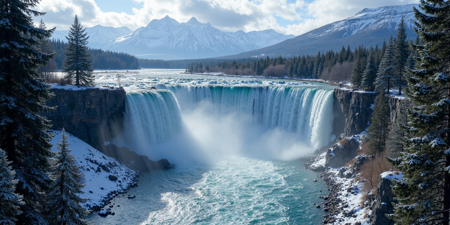 Create a highly detailed,high-resolution image of a majestic waterfall in a pristine winter landscape. Evergreen trees surround both sides of the falls and the river below,the water returning to it's serene state after the violent fall from above. Far beyond the waterfall,snow-capped mountains are visible with sun rays peeking through low clouds. A breathtaking,magical image.,<lora:flux.1_lora_flyway_Epic-detail_v2:0.8>,