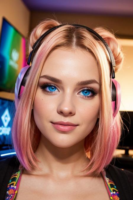 1girl, shot of beautiful nordic women, sexy, (casual look:1.2), (gamer:1.2), shiny rainbow hair, full lips, big clear eyes, detailed faces, half smile, (intricate, highly detailed, 8K, masterpiece, 80s), soft tones, soft background, looking at viewer, (soft 80's background:1.2), (gamer room:1.2)
