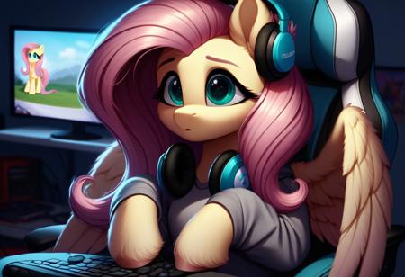 score_9, g5, (solo), (face detail), (beautiful eyes), (good quality), (4K), (fluffy),
Pony, Pegasus, Fluttershy, gamer, wearing gaming headphones, sitting at a gaming computer, gaming chair, holding a game joystick, gray Hoodie, surprise face