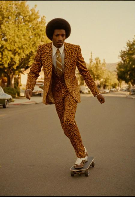 Large-format 8x10, cinematic film still, Kodak VISION3, 500T, 5219 colors negative, an Afro-American man, skating down a suburban California street, the man is wearing a vibrant, 1970s-inspired dolomite/pimp-style Fendi suit, luxury, amazing quality, 4k, 8k, detailed, warm, golden, afternoon light, wide, minimalist composition,  stylized contrast, pastel-toned suburban backdrop, saturated, luxurious colors, intricate, leopard print suit,  pristine, ultra-realistic 8K resolution, cinematic still, version 5.2, blends, gritty authenticity, visually amazing, award-winning aesthetic, amazing detail specialized large-format lenses, advanced post-processing techniques, 1970s street culture