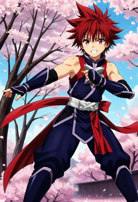 Matsuri Kazamaki M red hair spiky hair red eyes violet sleeveless ninja outfit, long black fingerless arm gloves, arm gauntlets, golden ring on left arm, leg greaves, black socks, red sandals