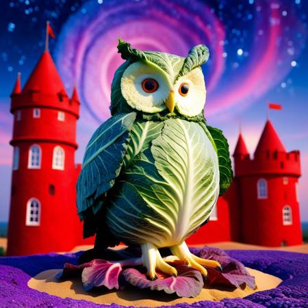 no human, (giant owl made of cabbage over a red castle:1.5), Geometric Pattern Effect: Repeating shapes (tiles, panels) create structured complexity. Color Spectrum Display: Wide range of hues from cool to warm tones.  Reflective Surface Theme: Smooth, light-catching textures evoke motion and depth. Symmetry and Balance: Central alignment with mirrored visual weight. . lazypos, rp_slgd, a surreal owl composed of  obsidian cabbage, wings made of floating cabbage leafs, perched on a red cabbage flower, on top of a red cabbage castle, a kaleidoscope swirling sand sky, glowing purple sand,
, vibrant colors, whimsical design, surreal fantasy, high detail, 4k, strong bokeh