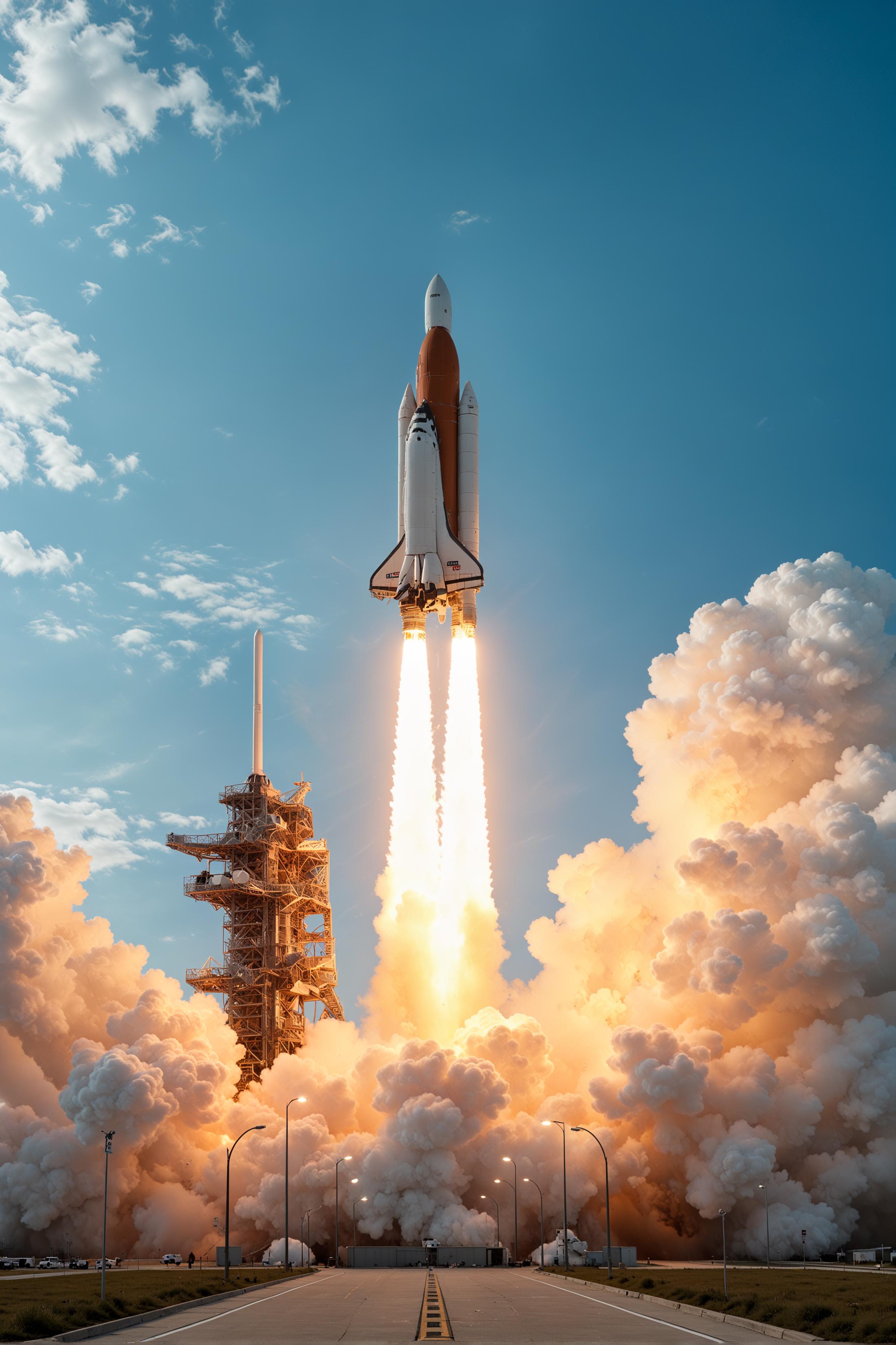 Houston rocket launch site, wide angle long shot of a white space shuttle launching from a launch site, clear blue sky with white clouds, highly detailed, ultra-high resolutions, 32K UHD, best quality, masterpiece,