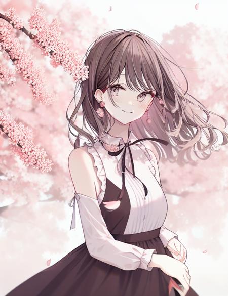 highres, 1girl, solo, long hair, white shirt, holding, dress, holding flower, shirt, cherry blossoms, long sleeves, looking at viewer, smile, outdoors, brown hair, bangs, pink flower, blurry, closed mouth, neck ribbon, sleeveless dress, branch, black dress, ribbon, depth of field, petals, pinafore dress, day, blush, earrings, blurry foreground, sleeveless, tree <lora:style_akakura_v2.2:1>