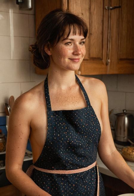 A beautiful 36mm photo of a 30 year old Dutch woman, sideview, ((beautiful dress)), ((apron)), ((full body:1.2)), she has a comely face, shy smile, in love, pale skin, very dark eyes, chocolate brown hair, straight hair, 70's fringe, beautiful mouth, long face, narrow chin, freckles on nose, birthmarks on stomach, she is slim, natural tits, perfectly shaped tits, pubic hair, ultra realistic, extremely detailed, highly detailed eyes, realistic eyes, highly detailed skin, realistic skin, in her kitchen, backing a cake, beautiful lighting, soft natural light, golden hour light, autumn, perfect light, Rembrandt style light, 8k resolution, masterpiece, 35mm,Camera="Hasselblad X1D 50c", Lens="Hasselblad XCD 90 mm f/3.2 ", "Aperture-of=f/2.8", "ISO=100", film grain, (ultra high res:1.2),(photo-realistic:1.3) (skin pores:1.1)