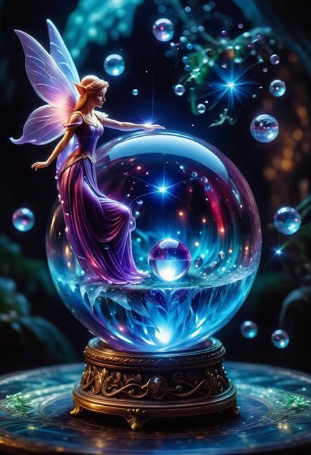 an elf looking at a crystal ball with a fairy inside. cinematic photo, 35mm photograph, film, professional, 4k, highly detailed. an elf looks into a crystal ball with a sense of wonder and amazement. The crystal ball is a smooth sphere with a bluish hue, its surface is polished and gleaming softly under light, revealing a mesmerizing play of purple, blue, and red tones. The ball provides a full view of a fairy as she flies swiftly to a unseen destination. Tiny air bubbles and inclusions are scattered throughout, lending it a sense of antiquity and natural complexity.  Around the fairy the ball is increasingly cloudy, further accentuating the fairy as the focal point. The vision is active, providing a glimpse into a mysterious magical world.