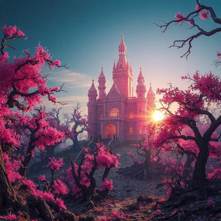 a pink crystal palace sitting in the middle of a twisted diseased forest, light emanates from the palace coloring the trees around it with a pink hue, the sun sets behind the palace