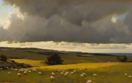 rollling hills and high Irish promontory looking out over the ocean, dramatic sky, a single rainbow, sheep grazing on the grassy hilly promontory, landscape painting by classipeint