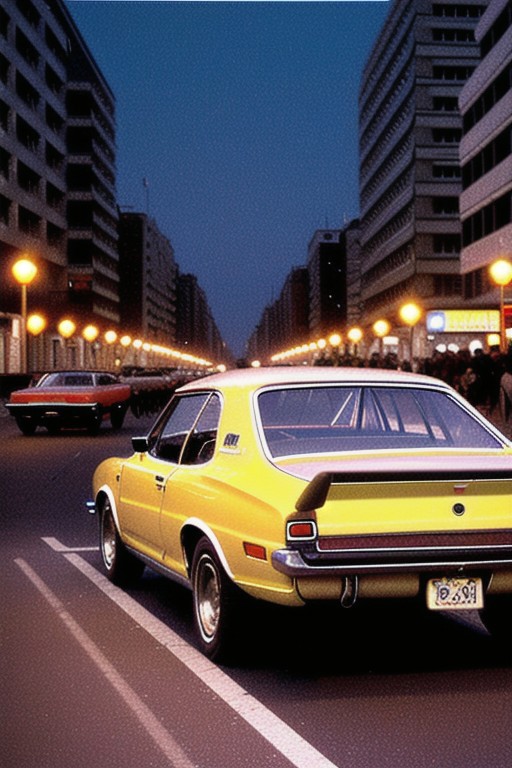 The racing car on the street, night lights, 1970, midnight, megapolis