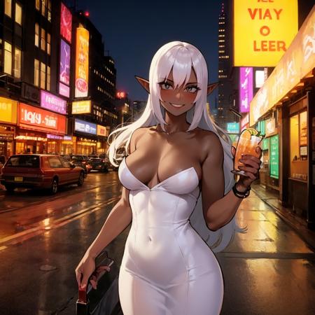 1girl, dark elf, pointy ears, expressive eyes, smile, (dark-skinned female, dark skin:1.2), (long hair), white hair, cocktail dress, strapless dress, small breasts, areola slip, large areolae, curvy   <lora:nyantcha_locon:1>
BREAK
city street at night, midnight, neon signs,