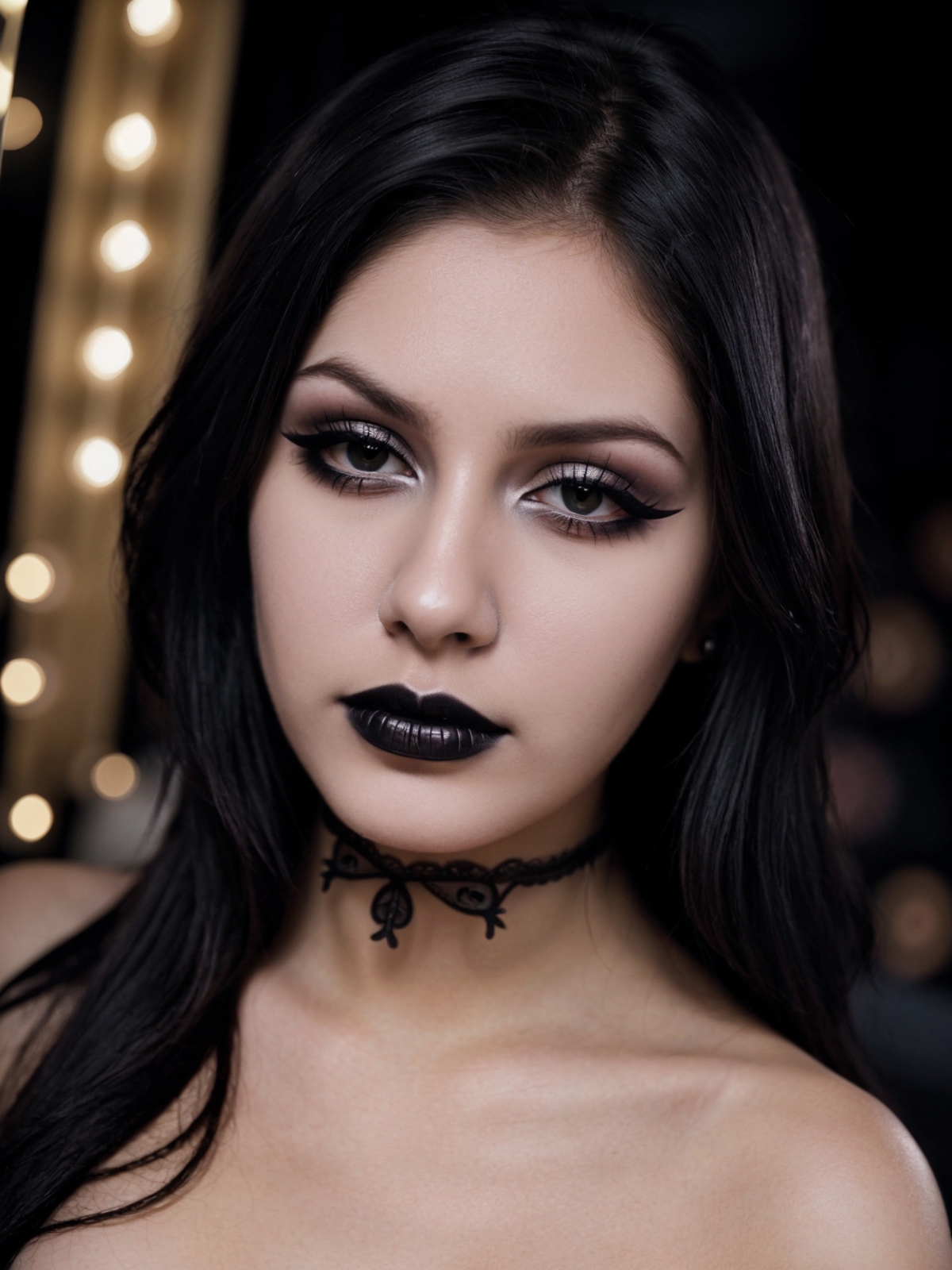 A woman with black lipstick and a black choker necklace.