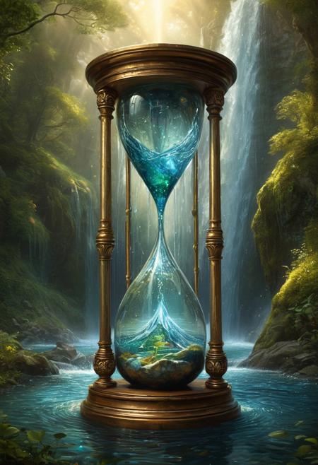 adorn, 
pastoral, 
waterfall striking hourglass, 
lake, 
tall, 
pouring water, 
oiled painting, 
artistic, 
highly detailed, 
perfect composition, 
Broken Glass effect, 
no background, 
stunning, 
something that even doesn't exist, 
mythical being, 
energy, 
molecular, 
textures, 
iridescent and luminescent scales, 
breathtaking beauty, 
pure perfection, 
divine presence, 
unforgettable, 
impressive, 
breathtaking beauty, 
Volumetric light, 
auras, 
rays, 
vivid colors reflects. Arteork., 
hyper realistic-surreal and fantastic composition Perfect and dynamic digital painting