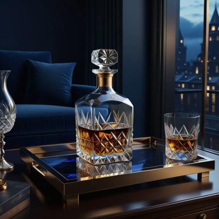 Ultra realistic full body color pencil drawn portrait of  
whisky .in a crystal carafe on a drinks tray in a luxurious penthouse apartment.
BREAK
Deep dark intense midnight blue  misty background,
Dark theme, dynamic lighting, (soft shadows), (soft focus),  (photo realistic), uhd, 8k