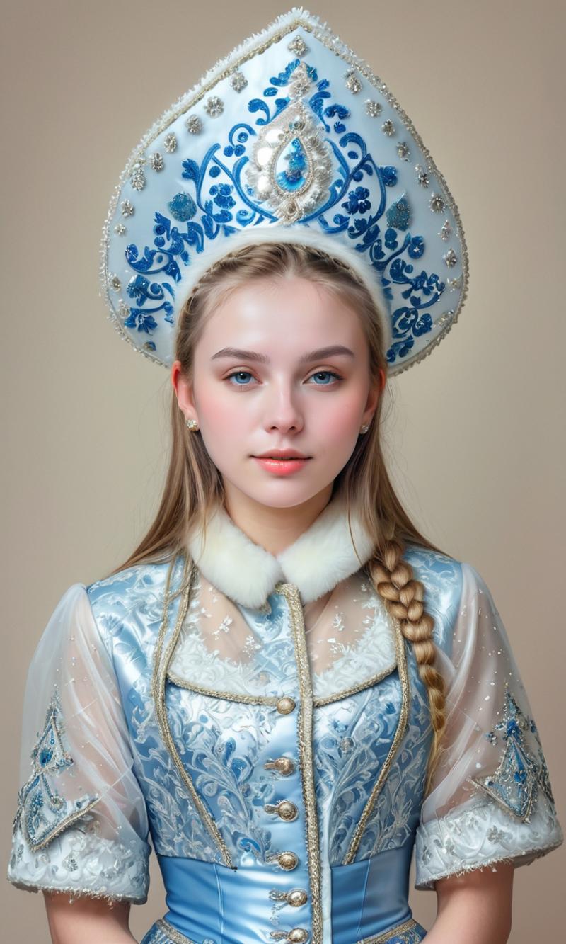 A beautiful blonde woman wearing a blue and white hat and a fur collar.