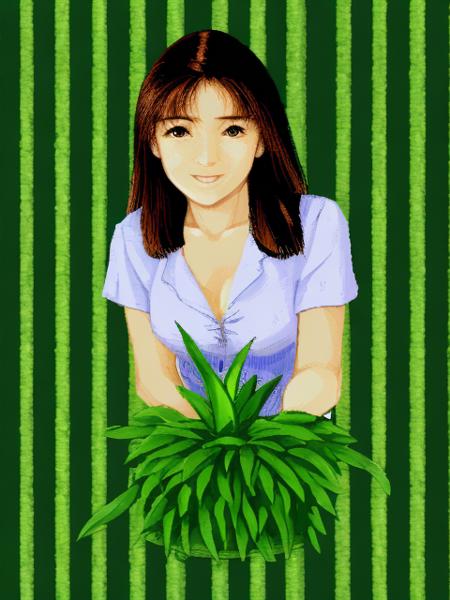 1girl, bamboo, bangs, bicycle, bodysuit, bottle, branch, breasts, brown_eyes, brown_hair, cactus, cleavage, clothes_writing, collarbone, eyebrows_visible_through_hair, falling_leaves, fingerless_gloves, flower, flower_pot, gloves, grass, hair_between_eyes, holding_bottle, ivy, jungle, leaf, leaf_background, leaves_in_wind, lily_\(flower\), lily_of_the_valley, long_hair, looking_at_viewer, medium_breasts, morning_glory, palm_leaf, palm_tree, parted_lips, plant, potted_plant, shirt, sidelocks, solo, spring_onion, sweat, tanabata, tanzaku, tree, tulip, vegetable, vines, water_bottle, watering_can  <lora:dynax:1>, masterpiece, best quality,