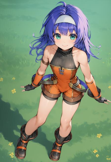 1girl,<lora:young miaXLV2:1>,young mia,medium hair,white hairband,armband,fingerless gloves,sleeveless turtleneck,overalls,bike shorts,bike shorts under shorts,boots,full body,standing,smile,grass,blue sky,ultra-detailed, best quality,masterpiece