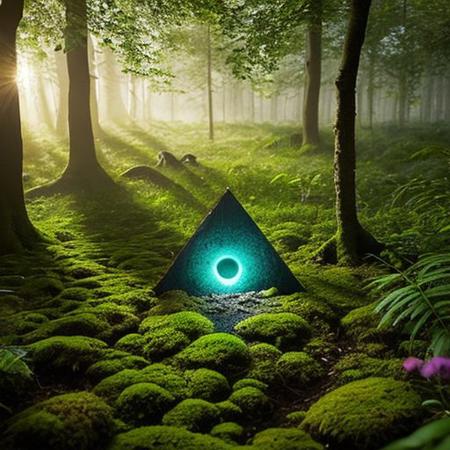 A hyper-realistic painting featuring a three-dimensional blue triangle with human eyes and a mouth, clearly expressing an emotion such as sadness or joy. The triangle should have realistic textures and lighting, making it appear as part of the physical world. It is set in a lush, vibrant forest at dawn, with sunlight filtering through dense foliage, illuminating the moss-covered ground and small wildflowers. Birds and woodland creatures add life to the serene setting. The triangle should blend seamlessly into the environment despite its surreal form, creating a striking contrast between the natural beauty of the forest and the lifelike, anthropomorphic triangle