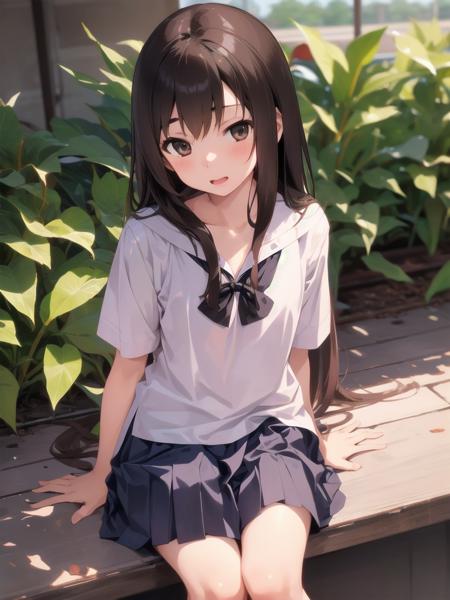 1girl, solo,
long hair, brown hair,
flat chest,
thai junior high school girl uniform,