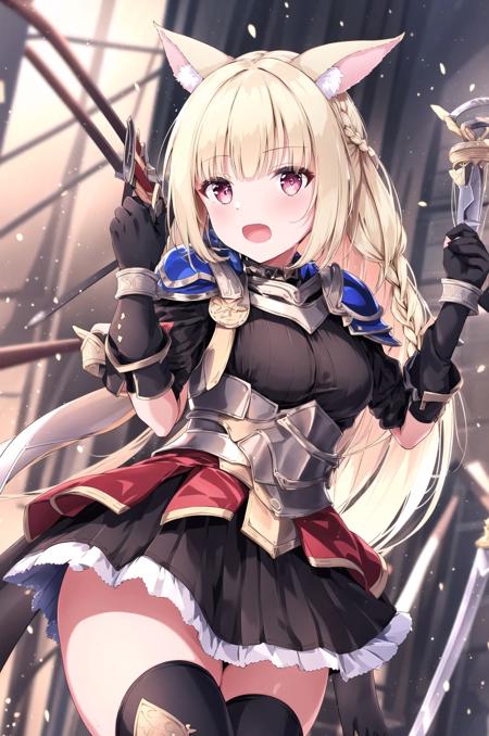 1girl, erune, solo, long hair, animal ears, gloves, thighhighs, braid, blonde hair, open mouth, black gloves, black thighhighs, looking at viewer, breasts, blush, armor, weapon, sword, (masterpiece,best quality)