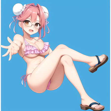 masterpiece, best quality, best aesthetic, 
takagi saya, solo, open mouth, cleavage, brown eyes, swimsuit, bikini, frills, glasses, hair bun, double bun, transparent background, sandals, crossed legs, outstretched arm, foreshortening, frilled bikini, pink bikini, bun cover, high quality, absurdres, full body, 8k,  <lora:Saya_Takagi-09:0.7:OUTD>