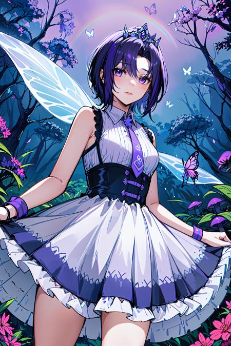 A girl with long purple hair and violet eyes in a forest full of colorful flowers and mushrooms. She is wearing a blue dress and a silver tiara. There are butterflies and fairies flying around her. The sky is pink and purple with a rainbow. <lora:CarolV3.5:0.8>,white dress, sleeveless,