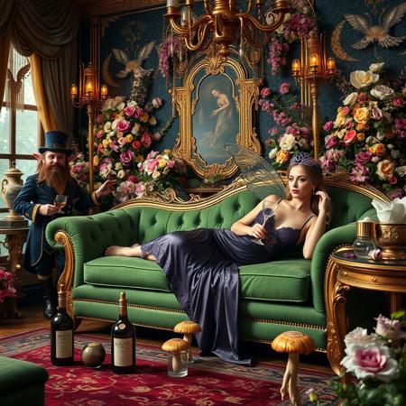 The flashy decoration, the luxurious interior of extravagance, the room full of decorative arts, flowers filling every space, a Fairy queen lying on the green chase lounge with a goblet, wearing a tight purple lace night gown, a leprechaun waiter standing in the corner, silk and satin clothing, two potion bottles and mushrooms on the ground, the focus is on the woman on the sofa, navy blue and gold tones,
