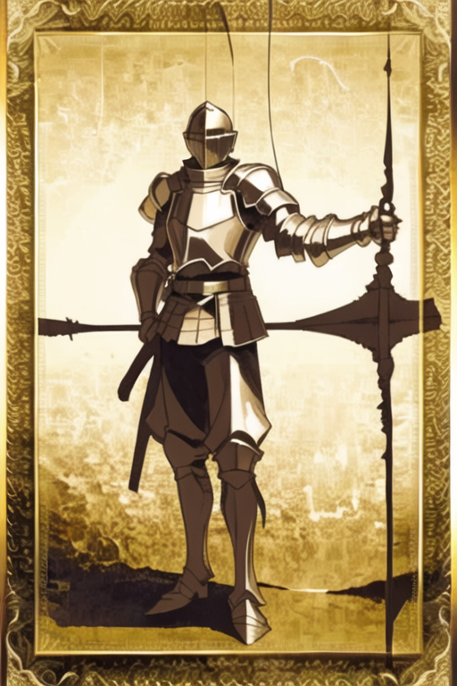 masterpiece, best quality, class card, solo, monochrome, sepia, <lora:class_card_v3:0.8>, 1boy, knight, spear, archery,