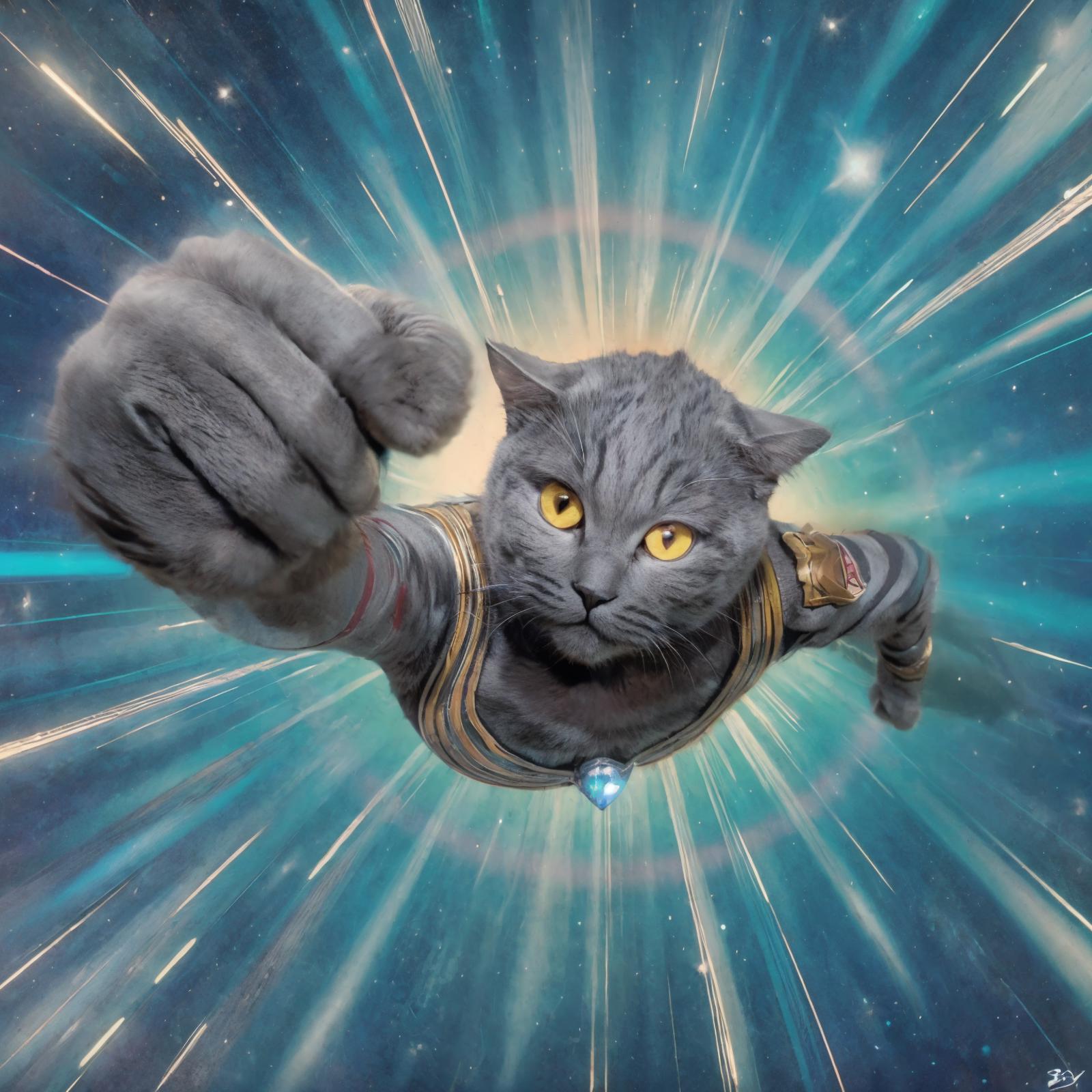 A cat in a silver and blue suit flying through space.