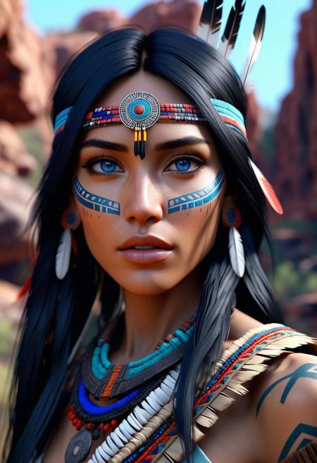 High resolution ultra-realistic of Mysterious beautiful native American with black hair, utra-realistic body, 8k, fantasy style, bright forest, colorful ruins, cinematic lighting, bright colors, sharp focus, dramatic atmosphere, Realistic beautiful blue eyes, female native American, Intricately Designed body covered in traditional outfit, beautiful, Silent Stance, CGSociety, slim body, perfect skinny figure, beautiful perfect detailed pupils, ultra quality, Cinematic Lighting, defiant, 8K, full body, full-figured, full frame, tribal tattoos, dressed, clothed