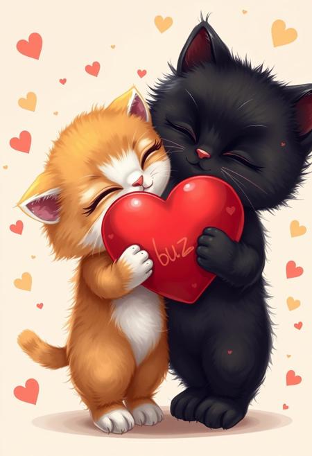high quality, ultra detailed, colorful, dark fantasy, bo-abyss, bo-neon, ArcaneFGTNR, a digital illustration in a whimsical, romantic style, it features two small, adorable kittens in a loving embrace, the kitten on the left is a small, fluffy orange and white cat with closed eyes, holding a large, red heart in its paws, its fur is soft and fluffy, and its ears are perked up, giving it a content and relaxed expression, the cat on the right is a larger, fluffy black kitten with a soft, fluffy texture, its eyes closed in contentment as it holds the heart close to its chest, the background is a soft gradient of beige and white, with scattered golden hearts and small red hearts floating around them, creating a romantic and dreamy atmosphere, the overall color palette is warm and inviting, with soft, warm tones that enhance the cozy and intimate feel of the scene, the illustration is highly detailed, with a focus on soft textures and delicate, almost ethereal quality, making it a captivating and romantic piece of art(((( small note on heart: "BUZZES"))))