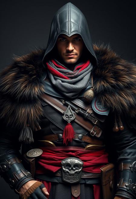 Assassin's Creed Character, mongolian costume, leather armour, fur cape,  masterful studio photography