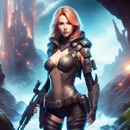 an attractive woman [gunslinger:bounty hunter:0.4] standing in a scifi wilderness (oceanicrealms style:1) <lora:djzOceanicRealms_LB2:0.8>