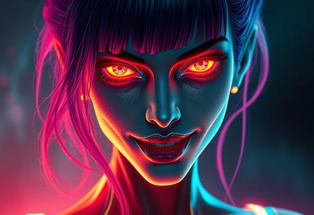 A gorgeous woman with a luminous digital aura lighting up the darkness, the ethereal figure of a digital painting evocative of a distorted human figure with vibrant neon eyes, (glowing eyes:1.1), heart shaped face, macabre appearance and a cunning smile. Vibrant hair. This stunning image is a digital painting, meticulously created with vibrant colors and striking details. Her sleek, futuristic design exudes a sense of otherworldly beauty, with glowing neon accents that seem to pulse with energy. Every pixel is carefully rendered, capturing the character's mysterious and alluring presence in exquisite detail. This mesmerizing image invites viewers to get lost in a dreamlike realm of imagination and technology. ((glowing neon lipstick)), masterpiece, highly detailed, harmonious colors, ((half body angle:1.5))