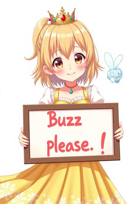 an anime girl in princess dress with princess crown, holding a sign board that says"Buzz please" 3d anime,