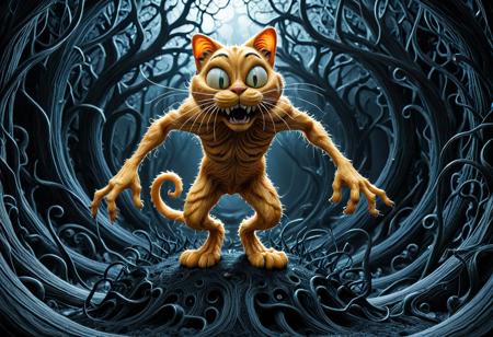 hyperrealistic, 3d render, Organic Macabre art of a garfield, macabre, fear, frightening, organic, masterpiece, ultra-high resolution, incredible, extremely detailed, absurdres, vibrant, dynamic angle, dynamic pose, dramatic light, highly detailed, scenery, sharp and clear visual execution, surreal yet grounded elegance, inspired by Tim Burton and H. R. Giger and Luis Royo, in a darkness mystic setting, , <lora:Organic_Macabre:1.25>, <lora:add-detail-xl:0.55>,