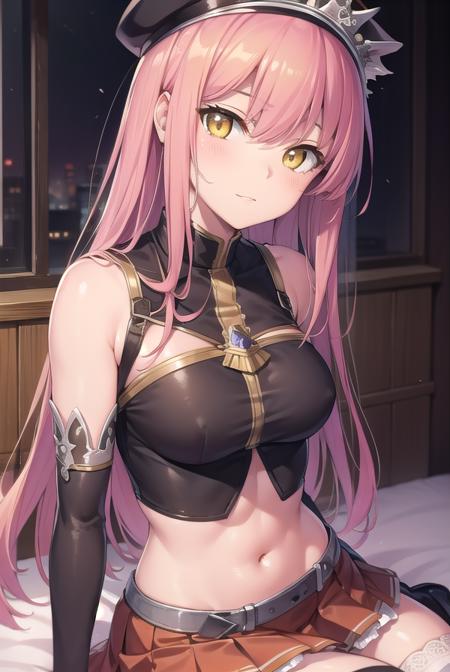 medb, <lyco:medb-lyco-nochekaiser:1>,
medb, long hair, pink hair, (yellow eyes:1.5),
BREAK choker, crop top, elbow gloves, gloves, hat, high heel boots, high heels, navel, peaked cap, red skirt, riding crop, skirt, thigh boots, thighhighs,
BREAK looking at viewer,
BREAK indoors, bed,
BREAK <lyco:GoodHands-beta2:1>, (masterpiece:1.2), best quality, high resolution, unity 8k wallpaper, (illustration:0.8), (beautiful detailed eyes:1.6), extremely detailed face, perfect lighting, extremely detailed CG, (perfect hands, perfect anatomy),