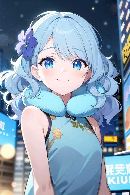 best quality, masterpiece, extremely detailed, anime, 1girl, short girl, (light blue hair, light blue eyes:1.4), long hair, (wavy hair:1.4), smile, tulle clothes, silk clothes, embroidery accessory, chinese knots, happy, smile, closed mouth, blue flower vines, gems, gold accessory, times square, billboards, neon lights, night, starry sky, scenery, (depth of field, bokeh:1.4), outdoors, bare shoulders, looking at viewer, winter, snowing, warm clothes, fur trim, fur collar,