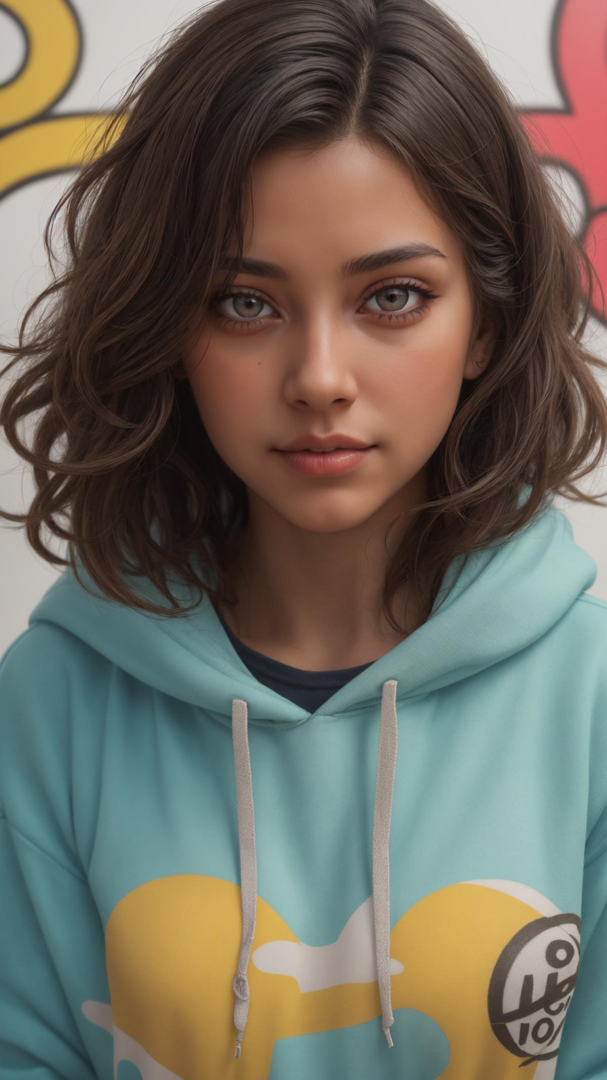 A girl with long brown hair wearing a blue hoodie.