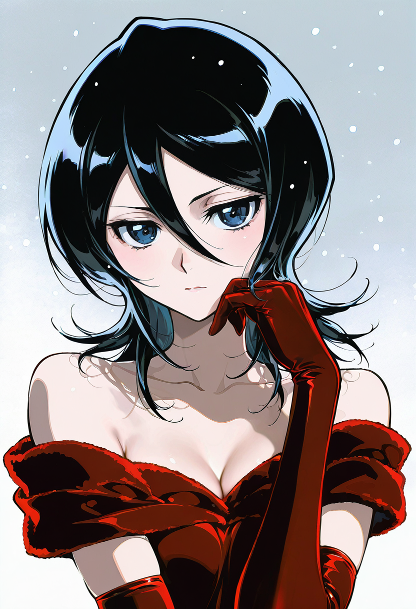 A young woman with short, black hair and blue eyes wearing a red, off-shoulder dress and red gloves, with a thoughtful expression with snowflakes falling gently in the background, 