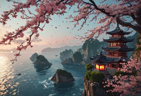 (ultra high res:1.4), (masterpiece:1.4), (beautiful lighting:1.4). Moonlight shining from the horizon of the ocean. Lush greenery, and vibrant blossoms, cherry blossom tree on the edge of a cliff overlooking the ocean. Lanterns illuminating the buildings. Waves crashing onto the shore. Looking out at the ocean. Chinese pagoda erected on a lone reef in the distance. Fantasy game art design captures the majestic scenery with a wide-angle perspective and high resolution.