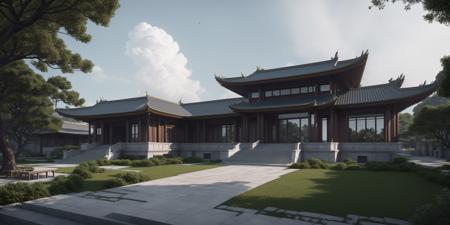 (masterpiece),(high quality), best quality, real,(realistic), super detailed, (full detail),(4k),8k,architecture,building, cloud,day, east_asian_architecture, no_humans, outdoors,sky,tree,<lora:XSarchitectural_32ModernChinesestyle:0.4>