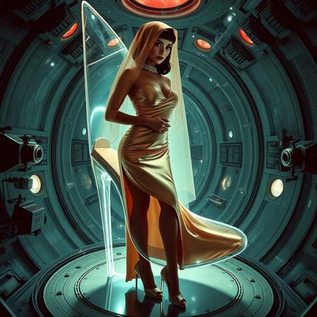 tall slender elegant slavic femme fatal  encased  inside  giant glass sleek stiletto shoe ,  veil  covered, under dimension portal to another galaxy , dressed in sexy glossy satin side slit 1950s nightgown ,  lush diamond collar, pefect legs in lace trim stockings and d'orsay high heels, small feets, alien spaceship brainwashing chamber,  inside weird horror alien machine,  horror, forced, restrained, fetish