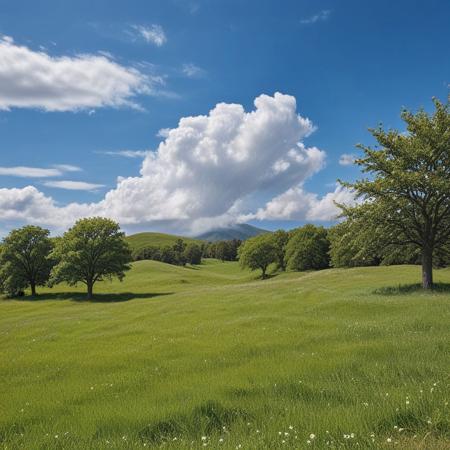 A shot of a hilltop, a dramatic blue sky filled with billowing white clouds. Lush green grass and vibrant trees surround, creating a sense of freedom and connection with nature.