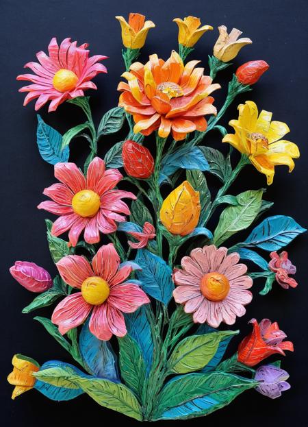 paper mache representation of , flowers, extremely detailed, colorful