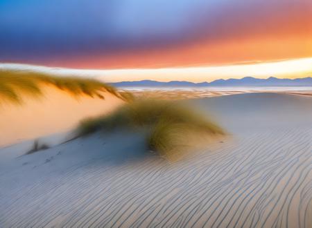 srdg sea sunset beach sand with green grass desert with fog  ocean chair with umbrella on the beach 