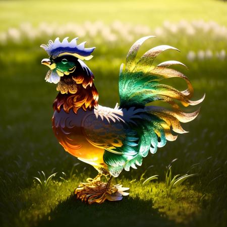 a (colorful glaze, transparent:1.1) rooster, (solo:1.2), standing in lawn, <lora:colouredglazecd-000007:0.7>, colouredglazecd, no humans, high quality, masterpiece, realistic, photorealistic, long-focus, (outdoors)