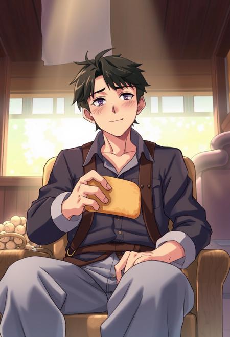 masterpiece, best quality,anime, farmer,1boy, grandpa ,black hair ,The Age of Legends,Age between 45 and 60 years,sitting on a chair,bread,