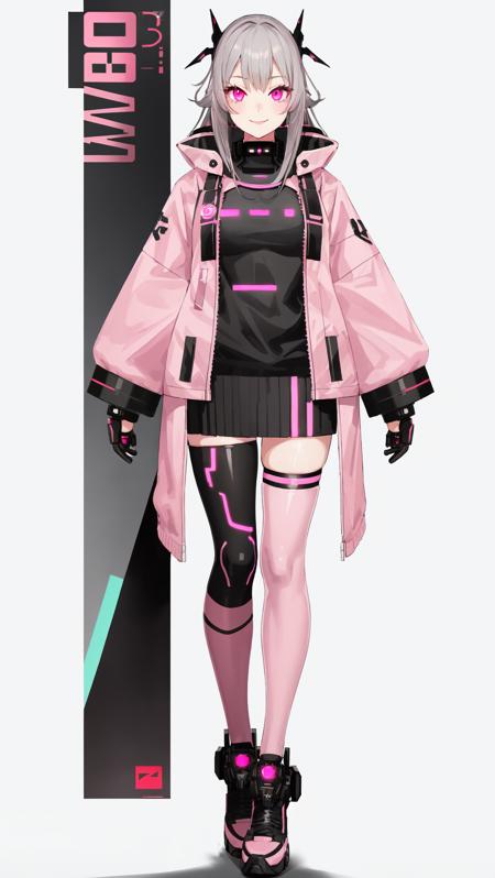 vtubermodel of 1girl , grey hair , pink eyes , cyberpunk clothes, smiling , high quality , extra detailed , rendered, white background <lora:VtuberMaker:0.5>