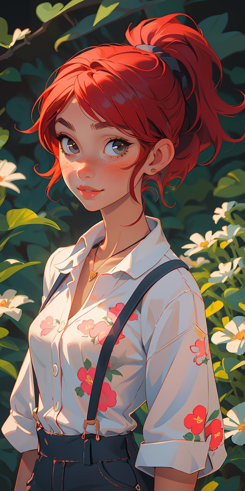 A young woman with red hair, wearing a white shirt and suspenders, stands in a field of white flowers.
